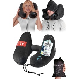 FLOWZOOM AIR Inflatable Travel Pillow for Airplane - Hooded Neck Pillow for Travel - Inflatable Travel Neck Pillow - Plane Pillow - Neck Cushion - Flight Pillow - Travel Neck Pillows - Black