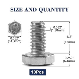 3/8-16 x 1/2" Hex Head Screw Bolt, 10Pcs 18-8 (304) Stainless Steel, Fully Threaded, Plain Finish, by SG TZH