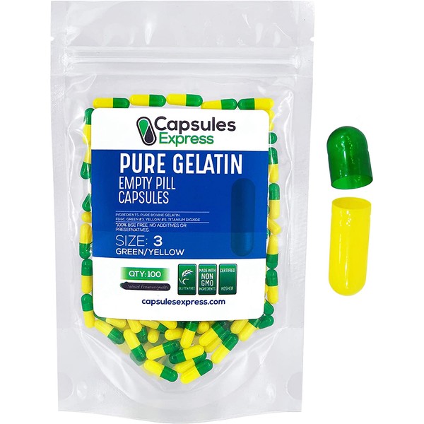 Capsules Express- Size 3 Green and Yellow Empty Gelatin Capsules- Kosher - Pure Gelatin Pill Capsule - DIY Powder Filling (100)