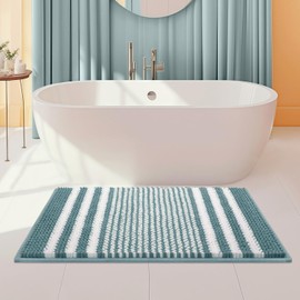 Denim Blue Bath Mat, 24x36 Thick Soft Absorbent Chenille Striped Bathroom Mat Rugs, Bath Mats for Bathroom Shower Floor Bathtub Sink, Non Slip Dry Quickly Machine Washable