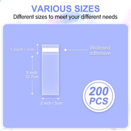 COQOFA Long Self Adhesive Cellophane Bags 2x5" 200 Pcs Clear Cookie Candy Treat Resealable Self Sealing Plastic Cello Long Strip Transparent Individual