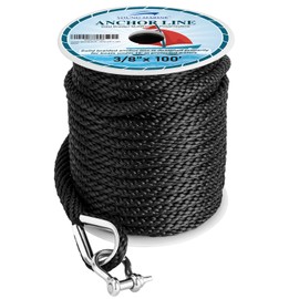 YOUNG MARINE Made 3/8 Inch 100FT 150FT Premium Solid Braid MFP Anchor Line Braided Anchor Rope/Line with Stainless Steel Thimble and Shackle, Black (3/8" x 100')