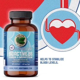 Pure Lab Vitamins - B6 Bioactive Supplement - 60 Vegan Caps - Promotes Healthy Metabolism, Supports Serotonin Synthesis & Immune System, Helps with Pregnancy Nausea - Slow Release - Gluten & Sugar Free