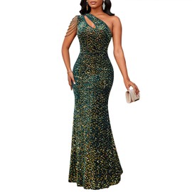 Cololura Sexy Elegant Sequin One Shoulder High Split Bodycon Formal Party Gowns Evening Maxi Dress