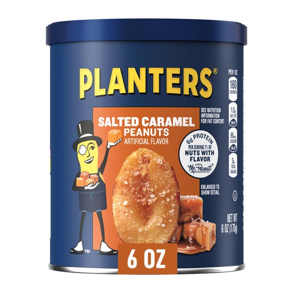 PLANTERS Salted Caramel Peanuts, Sweet and Salty Snacks, Plant-based Protein, 6 oz Canister ( 8 Count )