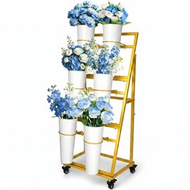 LEALIBAUSS Flower Bar Stand with 6 Buckets, 3-Tier Metal Flower Display Stand on Wheels, Mobile Flower Cart for Indoor & Outdoor Garden, Flower Shop, Wedding, Party Decor(Gold)