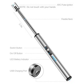 Electric Lighter, Candle Lighter Arc Coil Flameless Lighter Windproof Portable Long Lighter Plasma USB Rechargeable Zinc Alloy Flexible Neck (Silver)