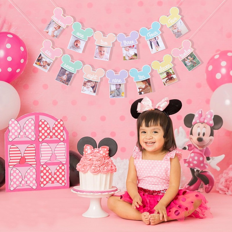 Mouse 12 Months Photo Banner - Pastel Rainbow First Birthday