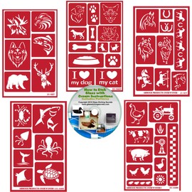 Animal Reusable Stencils 5 Pack: Horses, Sea Creatures, Farm Animals, Wild Animals, Dog & Cat Stencils for Paint or Glass Etching + How to Etch CD