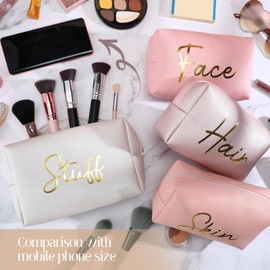 Aliceset 4 Pcs Hair Face Skin Stuff Bags Travel Makeup Bags Skin Care Bags Letter Cosmetic Pouch PU Leather Waterproof Beach Purse Toiletry Bag Makeup Organizer Gifts Set for Women Girl(Nude Pink)