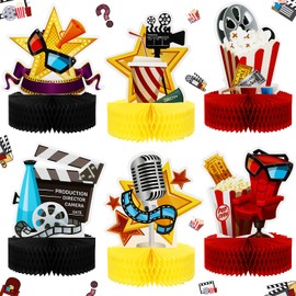 Sumind 6 Pieces Movie Night Decorations Party Honeycomb Centerpiece Party Decoration Movie Theme Cakes Table Topper Large Word Paper Centerpiece Sign for 3D Table Decoration, 8.7 x 7.5 Inch