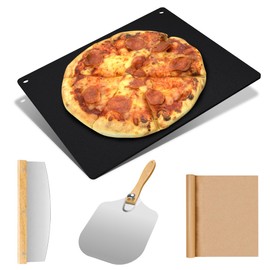 Large Cast Iron Pizza Stone Set for Oven & Grill - 16x13.4x1/4 Inch Steel Pizza Baking Stone, 4 PCS Pizza Making Accessories Kit for Barbecue, Sourdough Bread & Large Pizzas