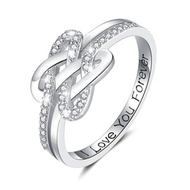 ZLILIJAN Mother Daughter Rings 925 Sterling Silver Love Between Square Knot Ring Engraved I Love You Forever Mothers'Day Jewelry Gift for Women, Silver, Cubic Zirconia