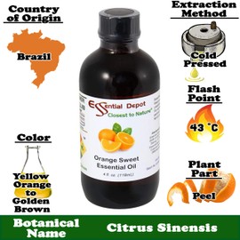 Essential Depot Orange Sweet Essential Oil - GC/MS Tested - Supplied in 4 oz. Amber Glass Bottle with Black Phenolic Cone Lined and Safety Sealed Cap