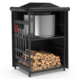 Lezbanz Storage Station for Solo Stove Bonfire, Yukon, Ranger, Firewood Rack Outdoor with Cover, Storage Rack for Fire Pit Accessories, with Waterproof Cover, Adjustable Shelf, Iron Black