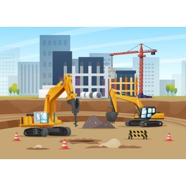 CORFOTO 7x5ft Fabric Construction Theme Backdrop for Photography Excavators Material Equipment Construction Site Background for Boy Birthday Party Banner Decoration Photo Studio Props