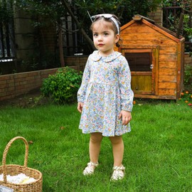 pureborn Baby Girls Dress with Bloomer Infant Girl Long Sleeve Playwear Dress with Diaper Cover 18-24 Months Floral Blue