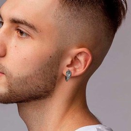 FLHEART Nordic Viking Hoop Earrings Men's Amulet Protection Jewellery Gifts Stainless Steel Men's Stud Earrings with Nordic Elder Futhark Runes, Black/Silver, 1 Pair, Stainless Steel, No Gemstone