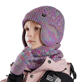 Fjquamitix Kids Winter Hat Scarf and Gloves Set,Warm Thermal Knitted Beanie Cap（with Earmuffs） Snood Neck Warmer Touchscreen Mitten with Soft Fleece Lining for Girls Boys Age 4-10 (Colorful)