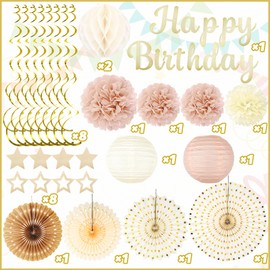 Champagne-Gold Fall Boho Birthday Party-Decorations - 29pcs Beige Cream Autumn Retro Party Decorations for Women Girls, Happy Birthday Banner Paper Streamers Lanterns Tissue Pom Poms - ZERODECO