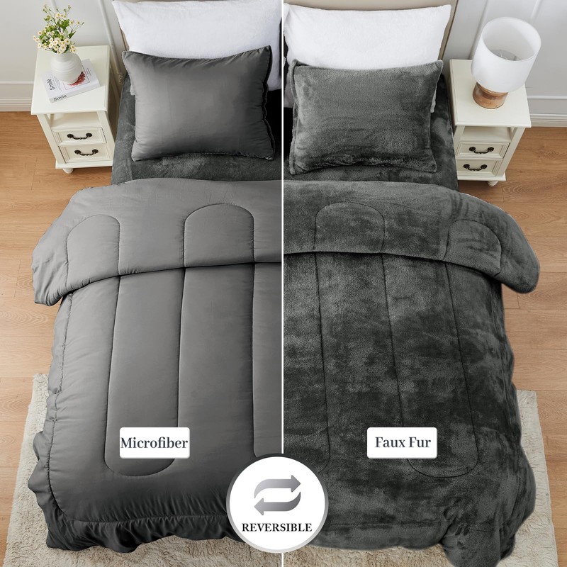 YIYEA Faux Fur Comforter Set Queen Size with Fitted Sheet,