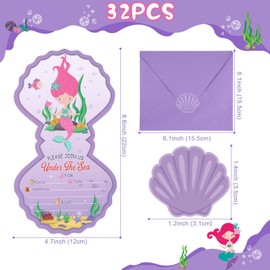 32PCS Mermaid Party Invitations with Envelopes and Stickers Under the Sea Ocean Mermaid Party Supplies for Kids Girl Party Decorations for Birthday Baby Shower Wedding Mermaid Themed Party Favors