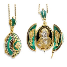 Religious Gifts Virgin Mary Triptych Egg Pendant Locket Silver 925 God Tone 1 1/2 Inch, Green, Surprise Virgin Mary Icon
