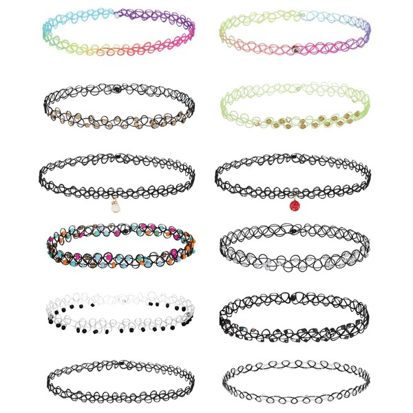 BodyJ4You 12PC Tattoo Choker Necklace Set - 90s Accessories Women Teen Girls Kids - Beads Charms Rainbow Multicolor Stretchy Jewelry - Summer Style Gift Idea