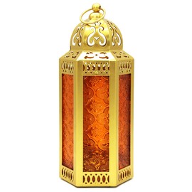 CVHOMEDECO. Decorative Candle Lantern Moroccan Lanterns Vintage Golden Metal Lantern Holder for Home Patio Outdoor Decor. Amber Glass, Medium