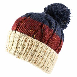 Morehats Three Tone Crochet Knit Slouchy Pompom Beanie Beret Winter Ski Hat - Beige/Burgundy/Blue