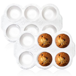 Hiceeden 2 Pack 6-Cup Ceramic Muffin Pan, Nonstick Cupcake Baking Pans with Handle, Ceramic Muffin Tin with Embossed Pattern for Muffin, Cupcake, White