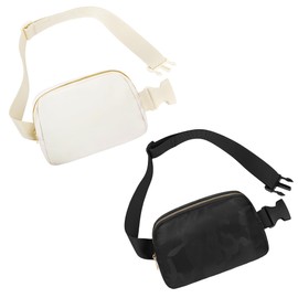 Frenou Waist Belt Bag Fashion Fanny Women and Men Gift Waist Pack With Adjustable Strap For Travel Running Hiking Walking, Off White+Comb Black, 2 Pack Fanny Pack