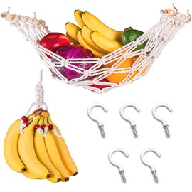 Uenede 1Set Cotton Material Hanging Fruit Hammock and a Net Rope for Hanging Bananas with 2 Hooks Vegetable Net Bag Can be Installed Under The Cabinet to Save Space