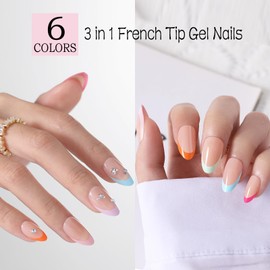Jsiallye French Tip Press on Nails Short Almond-6 packs French Soft Tip Nails Gel Pre-shaped No File Need File 3 in 1 Tips,Soak Off Acrylic Fake Nails Extensions for Women Nail Art DIY 15 Sizes