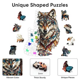 Ruikiyart Wolf 200 Piece Puzzles for Kids, 5MM Woves Head Wood Jigsaw Puzzle, Wolf Family Unique Shaped Holiday Puzzles for Kids Home Decor (8.7"*11.4")