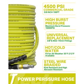 TechSweepPro Pressure Washer Hose 100FT 3/8" for Cold and Hot Water 212°F, with Swivel Quick Connect, 4500PSI Kink Resistant Grade Steel Wire Braided, Power Washer Hose With 2pcs M22-14mm Adapter