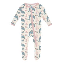KicKee Print Footie with Zipper, Fitted Long Sleeve Pajamas, Ultra Soft Everyday One-Piece Loungewear, Baby and Kid Clothes for Boys and Girls (Natural Dolphins - 9-12 Months)