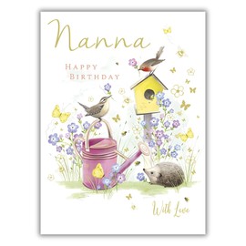 Nanna Birthday Card - Special Nanna - Floral Garden with Hedgehog and Birds - Artistic Flower Design - Made in the UK - Eco-Friendly