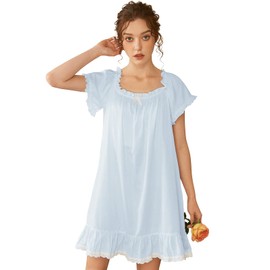 Nanxson Womens' Cotton Nightgown Short Sleeve Sleepwear Vintage Victorian Nightshirt Lounge Dress (Small, Blue)