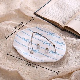 Koythin Ceramic Jewelry Tray, Cute Blue Stripe Bow Jewelry Dish for Women, Aesthetic Room Decor Trinket Dish for Birthdays Christmas Mother's Day (Blue Stripe Bow)