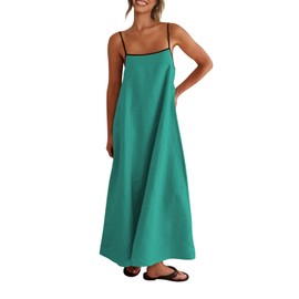 Shy Velvet Women's 2025 Summer Linen Maxi Dress Contrast Spaghetti Strap Dress Backless Sleeveless Casual Party Beach Dresses Turquoise