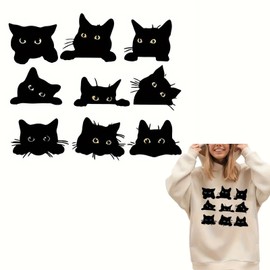 9pcs Black Cat Iron On Transfers for T-Shirts Rub on Transfers Stickers Vinyl Ready to Press Stickers Iron on Decals for T-Shirts Clothing Hoodie DIY Crafts