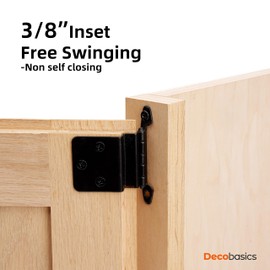 Decobasics Free Swinging 3/8" Inset Cabinet Hinges Black (50 Pack /25 Pair) for Kitchen Cabinet Doors -Come with Upgraded Matching Screw & Quiet Soft Close Bumper
