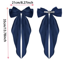 NiceYnn 2pcs Hair Bows Clips for Women, French Big Bowknot with Long Satin Ribbon Hair Barrette Clips Silky Spring Clip Hair Bows Oversized Long Tail Ponytail Holder French Hair Styling Red+Navyblue