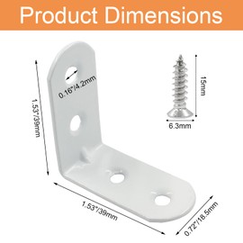 Rierdge 20 Pcs White Corner Brace L Bracket, 1.5” x 1.5” x 0.73”/ 40 x 40 x 1.5mm Iron Right Angle Brackets, Metal Joint Right Angle Bracket for Tables, Furniture, Shelves with Screws
