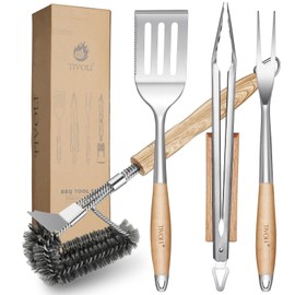TIVOLI Grill Set 4PC BBQ Tools Set Grill Accessories with BBQ Spatula, BBQ Clips, Brushes, BBQ Forks Heavy Duty Grill Kit Grill Tools for Outdoor Grill with Wood Handles Gift Ideas for Dad Man