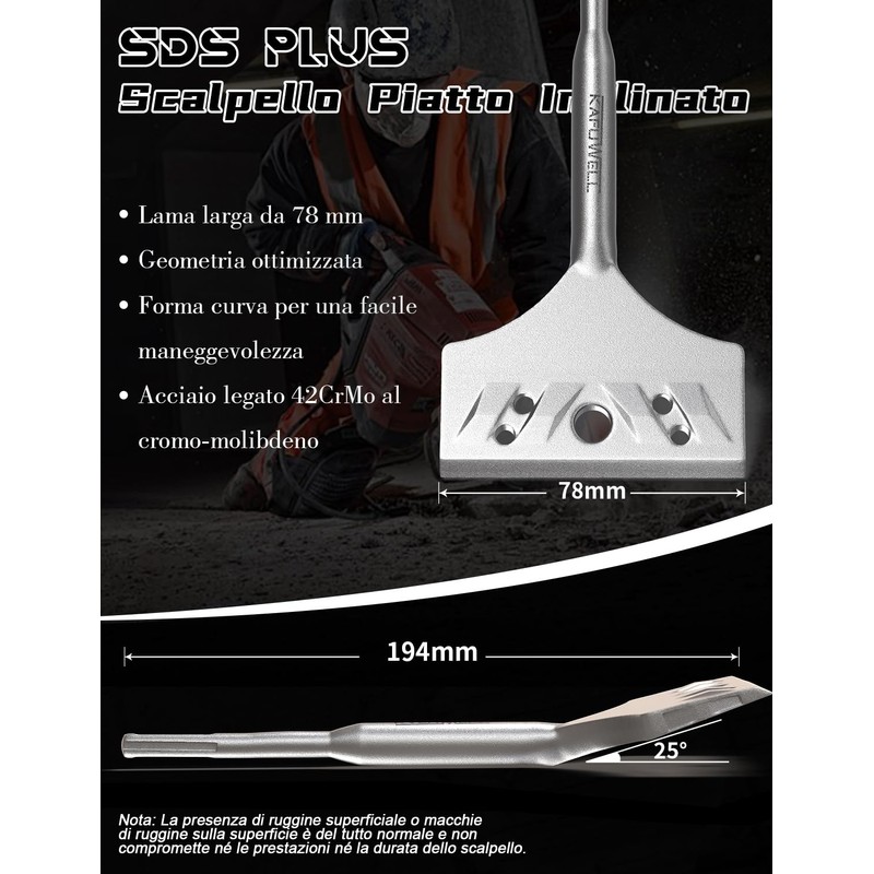 KAFUWELL Scalpello SDS-Plus per Piastrelle, 194×78 mm, Angolato 25°, 42CrMo