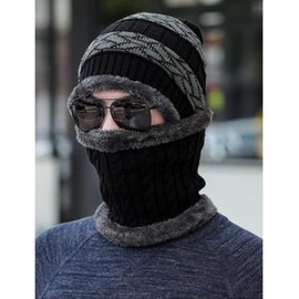 Winter Warm Elastic Soft Ear Protection Knitted Scarf hat Fleece Lined with Face Cover Hats Windproof Warm Beanie Hat (h-Navy)