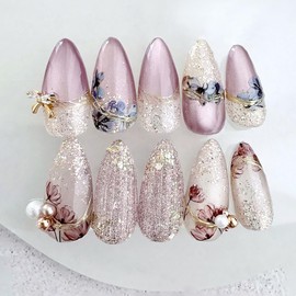 24Pcs Flower Press on Nails Medium Almond Shaped Pearl Bow Design Glitter Powder False Nail Full Cover Glossy Purple Artificial Stick on Nails Reusable 3D Floral Press Ons Glue on Nail for Women
