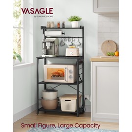 VASAGLE Kitchen Bakers Rack with Power Outlet, Coffee Bar 4-Tier with 8 S Hooks, Microwave Stand, Adjustable Shelf, for Small Spaces, Charcoal Gray and Ink Black UKKS014B01V1